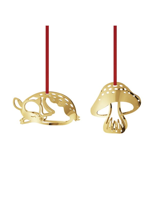 Holiday decorations, Collectable ornament 2023, deer and mushroom, gold plated brass, Gold