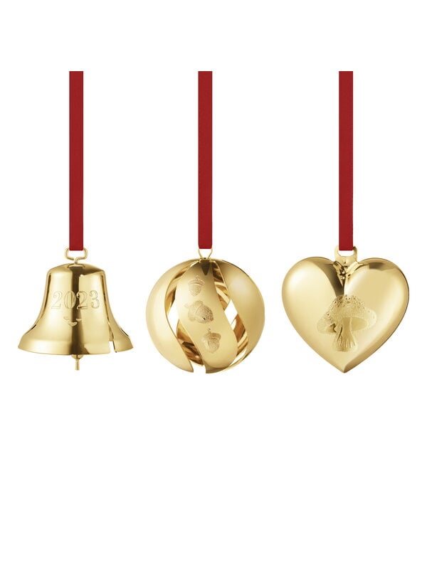 Weihnachtsdekoration, Ornament 2023, 3 Sammlerstücke, vergoldetes Messing, Gold