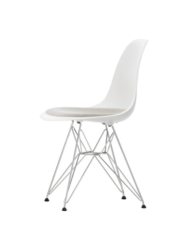 Dining chairs, Eames DSR chair, cotton white RE-chrome-warm grey/ivory cushion, White