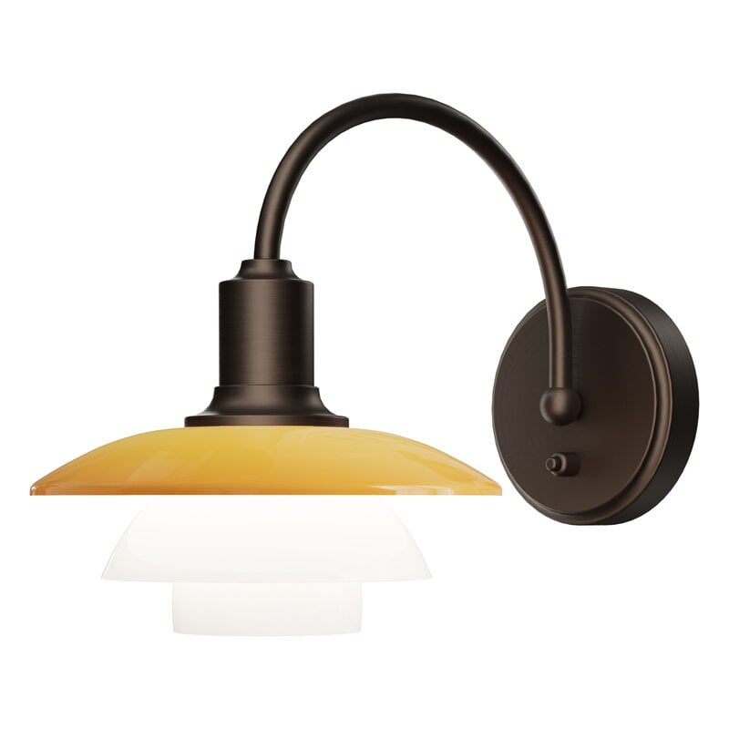 Louis Poulsen PH 2/2 seinävalaisin, seinäkytkentä, Centenary, aged brass-amber-opal white, näkymä 2