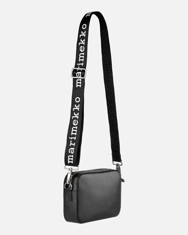 Marimekko Gratha Logo Strap olkalaukku, musta nahka, näkymä 7