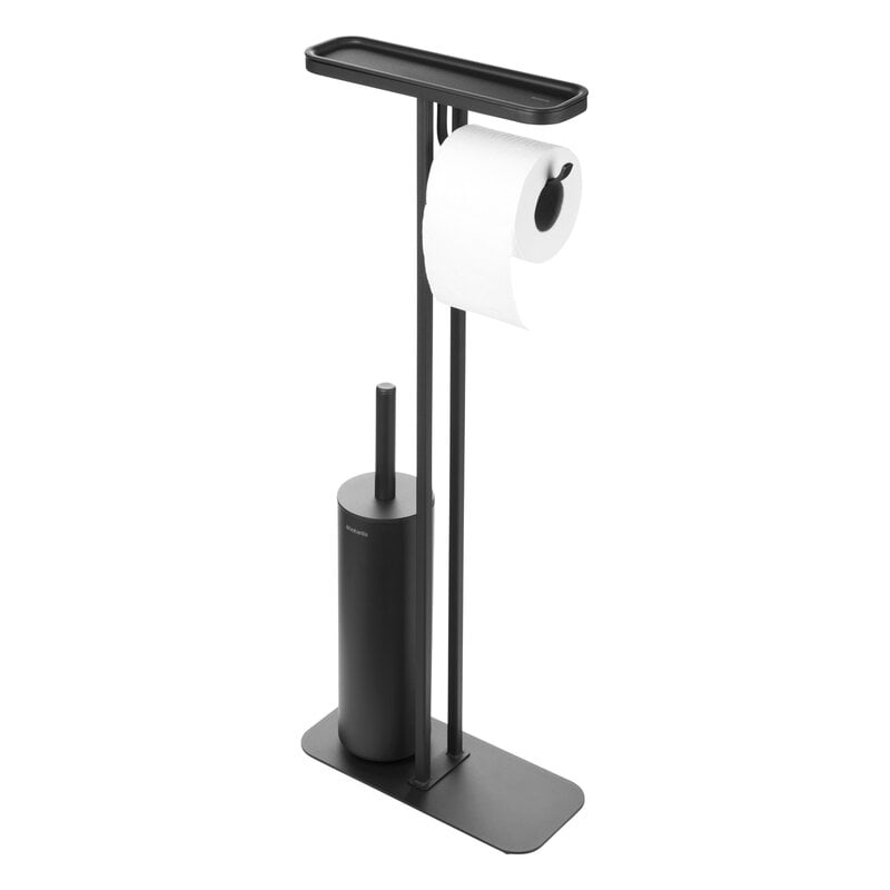 1pc Black Free Standing Toilet Paper Holder With Tray, Floor Standing Tissue  Roll Stand With Storage Shelf For Bathroom
