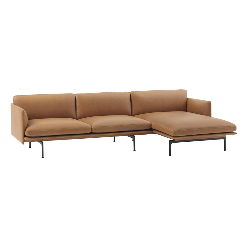 Muuto Outline chaise longue, right, black metal - Refine leather cognac, extra image