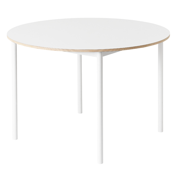 Muuto Base pöytä pyöreä 110 cm, laminaatti vanerireunalla, valkoinen