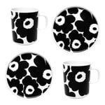 Tasses et mugs, Ensemble tasse et assiette Oiva - Unikko, blanc - noir, Noir