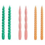Candles, Long twist candles, set of 6, green - dark rose - tangerine, Multicolour