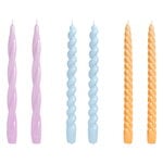 Long twist candles, set of 6, lilac - light blue - dark peach