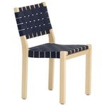 Dining chairs, Aalto chair 611, birch - black/blue webbing, Blue