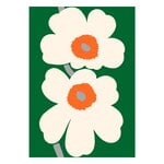 Tyger från Marimekko, Unikko 60th Anniversary bomullssatintyg, grön - naturvit -orange, Naturfärgad