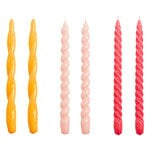 Candles, Long twist candles, set of 6, yellow - rose - raspberry, Multicolour
