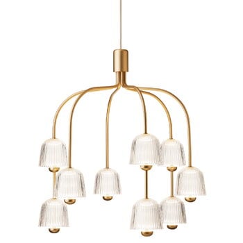 Lampade a sospensione, Lampada a sospensione Asteea 9, ottone satinato - vetro chiaro a onda, Oro