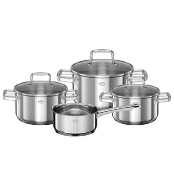 Casseroles et marmites, Batterie de cuisine Moments, 4 casseroles avec 3 couvercles, acier, Argent