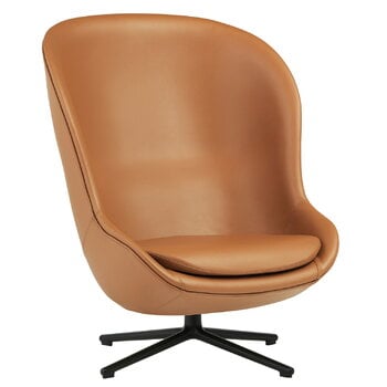 Normann Copenhagen Hyg Loungesessel, hoch, drehbar, Schwarz - brandyfarbenes Leder 