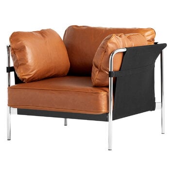 HAY Can lounge chair, cognac leather - black canvas - chrome frame