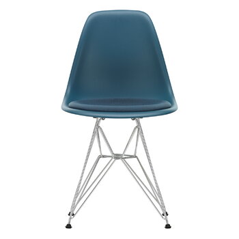 Vitra Eames DSR chair, sea blue - chrome - sea blue/dark grey cushion