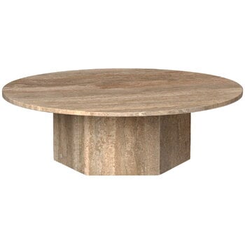 GUBI Epic coffee table, round, 110 cm, warm taupe travertine
