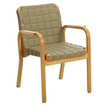 Artek Aalto Armchair 45, honigfarben - blattgrünes Steppleder - Rattangeflecht