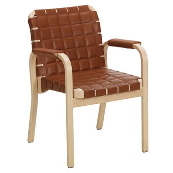 Fauteuils, Fauteuil Aalto 45, bouleau - cuir cognac matelassé, Marron