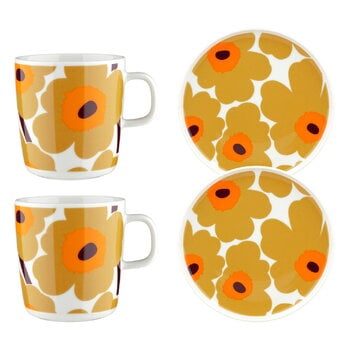 Marimekko Set di tazza e piatto Oiva - Unikko, caramello - crema - arancione, immagine prodotto