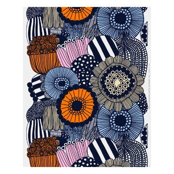 Marimekko fabrics, Siirtolapuutarha cotton fabric, white - light yellow - orange - light blue, Multicolour