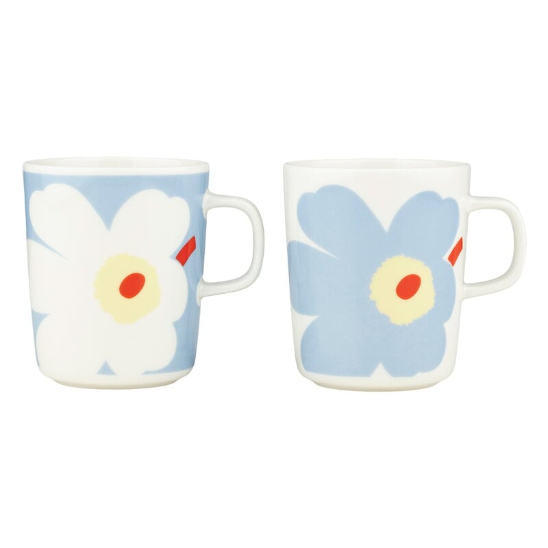 Marimekko Oiva - Juhla Unikko mug, 2,5 dl, 2 pcs, white-light blue-sand-orange red, view 1
