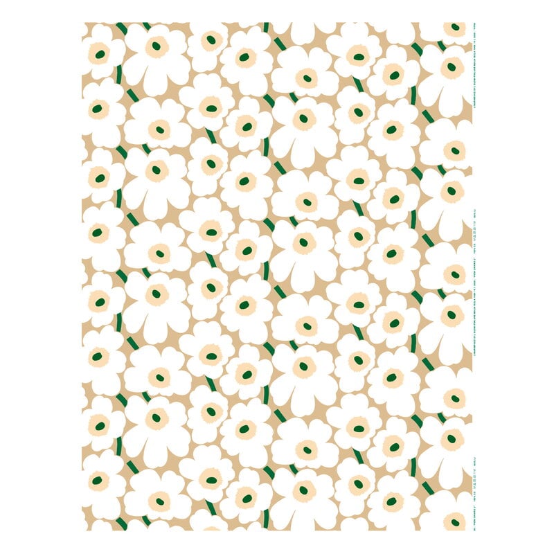 Marimekko Pieni Unikko coated cotton fabric, sand - white - hay - emerald