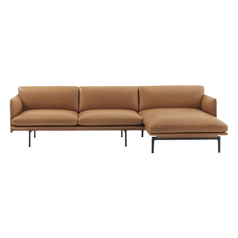 Muuto Outline chaise longue, right, black metal - Refine leather cognac, product image