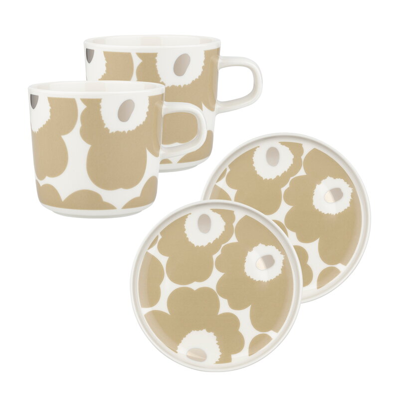 Marimekko Oiva - Unikko cup and plate set, 2 pcs, white - beige -silver |  Finnish Design Shop