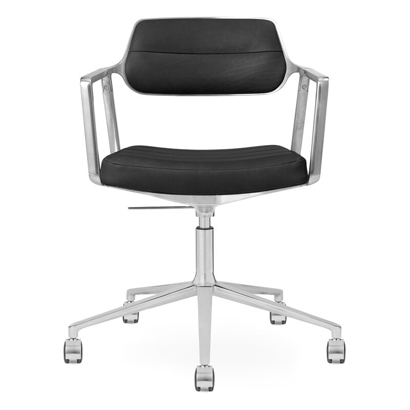 Vipp 453+ Swivel chair, polished frame - black leather, with castors, product image