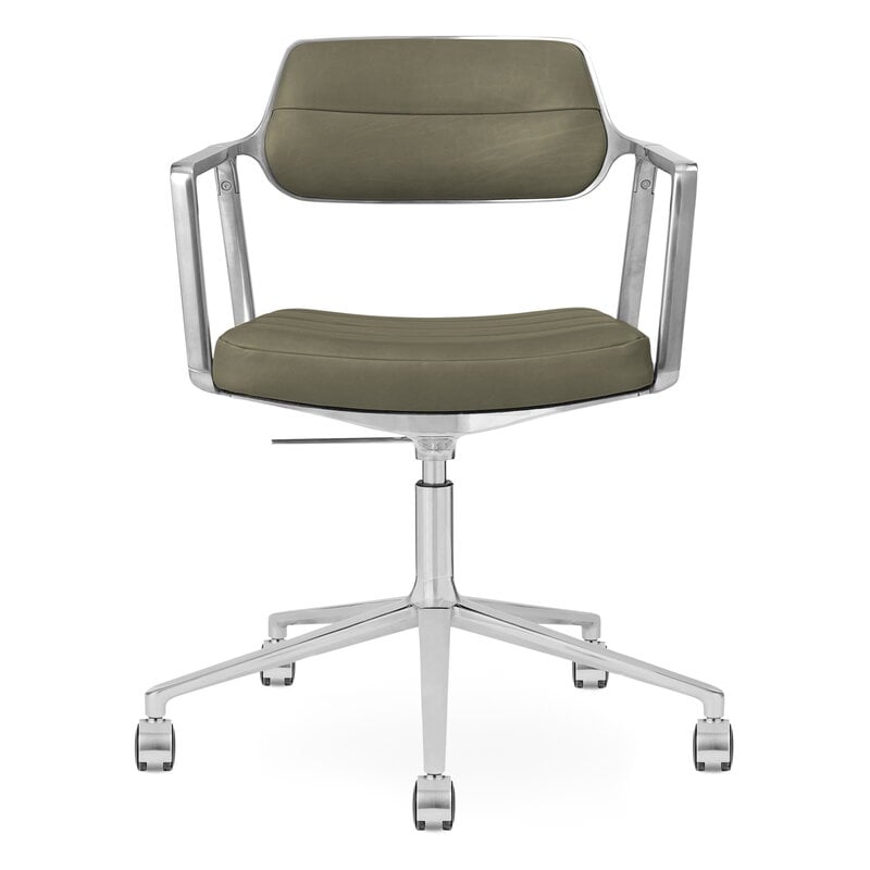 Vipp 453+ Swivel chair, polished frame - bosco green leather, with castors, product image