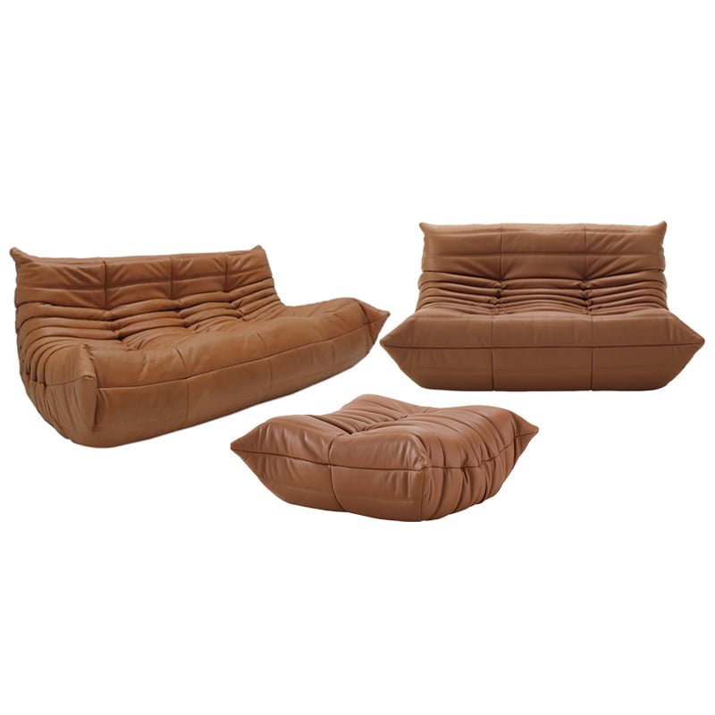 Full suite of Togo seating group in brown leather design by Michel Ducaroy